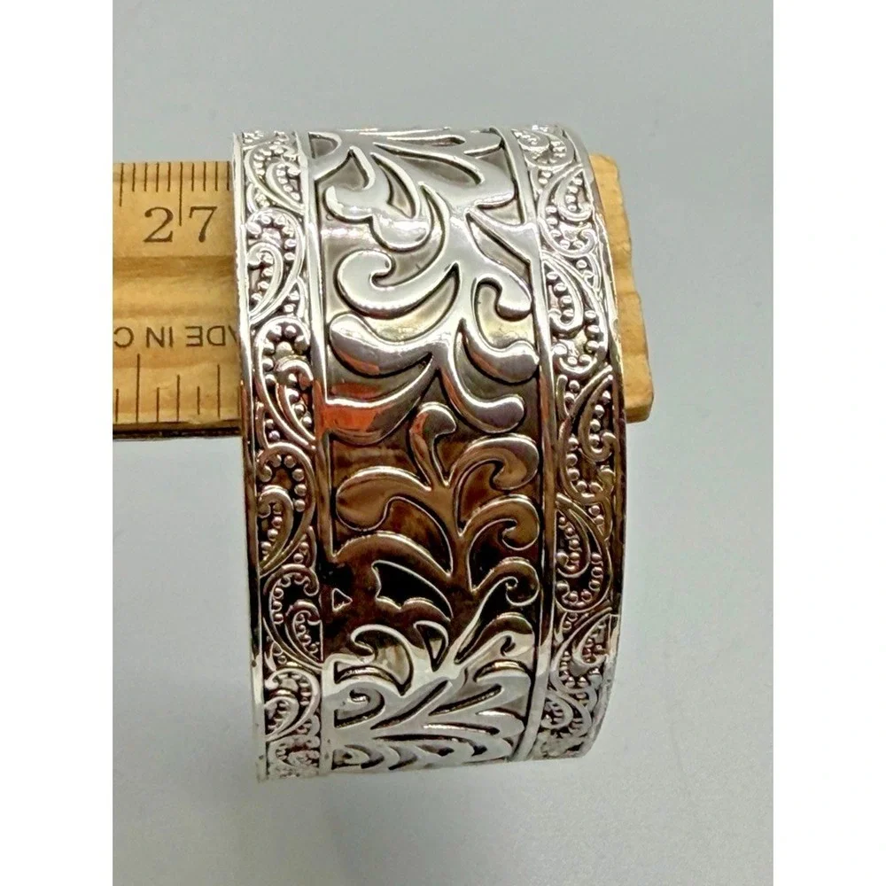 Premier Designs Silver‎ Tone Floral Filigree Scroll Wide Cuff Bracelet Sz 7